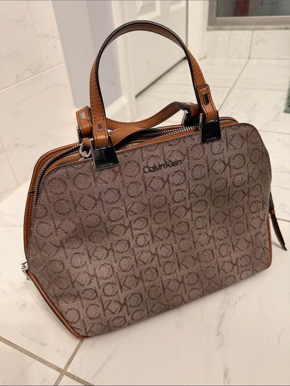 Calvin Klein Brown Monogram Satchel with Tan Trim